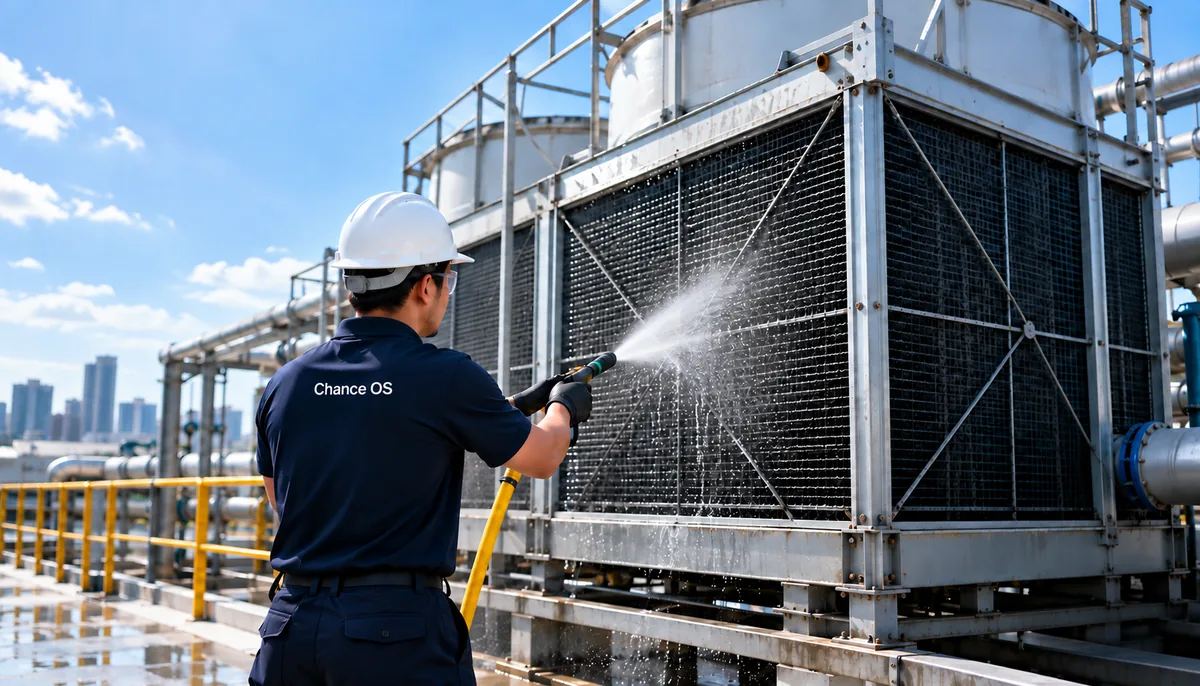 A cooling tower being washed down.