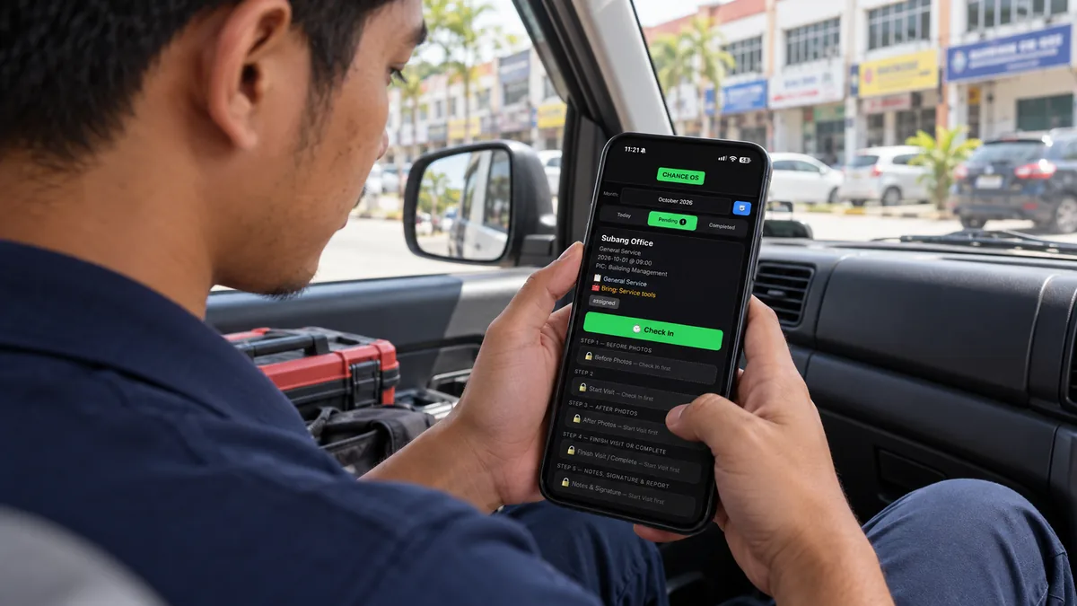 A technician in a parked van checking a job on a phone.