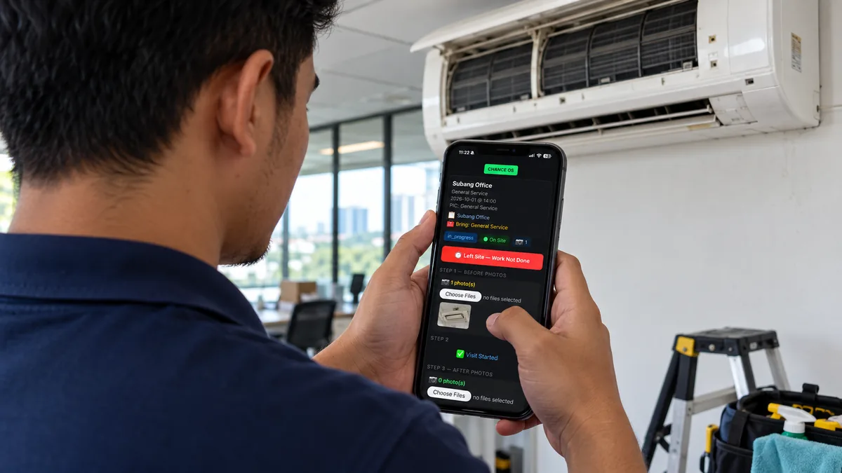 A technician on site with the visit's photo steps on a phone, beside a wall-mounted air conditioner.